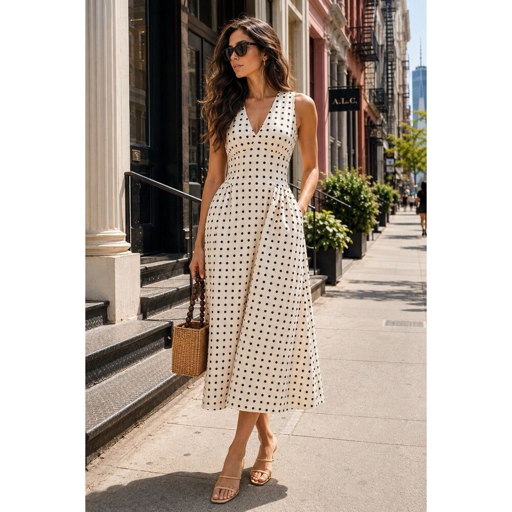 J.Crew Petite Fit Flare Cream Black Polka Dot V Neck Midi Dress Cotton Womens 8P